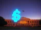 Australian Parliament House with digital dollar symbol representing the new regulated AUDD stablecoin license on XRP Ledger.