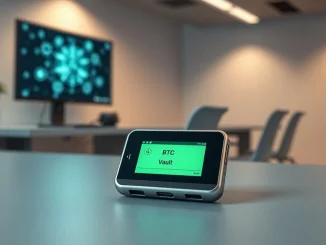Ledger hardware wallet verifying a Bitcoin Vault transaction for secure collateral use.