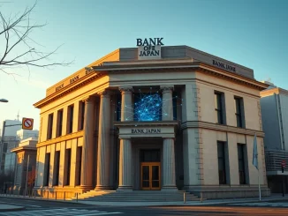 Bank of Japan headquarters with digital blockchain overlay representing core settlement system innovation.