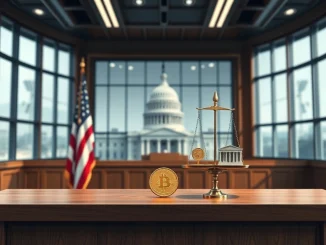 Courtroom scene symbolizing legal challenge over OCC crypto bank charter approvals with balanced scales