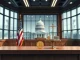 Courtroom scene symbolizing legal challenge over OCC crypto bank charter approvals with balanced scales