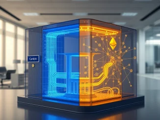 Visual metaphor of banks using dual blockchain rails for tokenized real-world assets, showing private and public data streams converging.