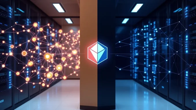 Dual blockchain architecture for bank tokenization showing public and private networks connecting for real-world asset transactions