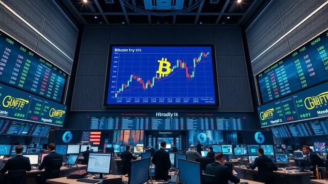 A bank trading floor with Bitcoin and traditional market data displayed on screens.
