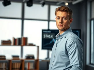 Actor Ben McKenzie in a serious interview setting for his anti-cryptocurrency documentary.