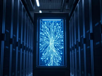 DeepSnitch AI server infrastructure with neural network visualization representing its top cryptocurrency ranking.