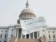 US Capitol with a torn prediction market contract representing the BETS OFF Act legislation against war betting.