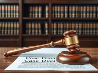 Judge's gavel on a dismissed case document representing Binance's Alabama court victory