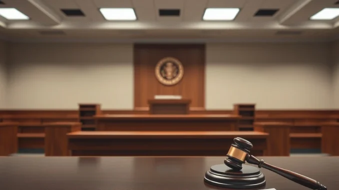 Courtroom scene symbolizing Binance's legal victory in Alabama federal court over terrorism financing allegations.