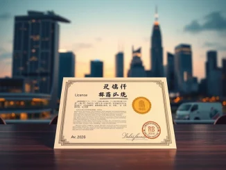 Official financial license document for Binance 2026 Asia expansion on desk with city skyline