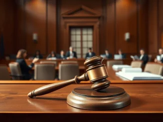 A judge's gavel in a US courtroom symbolizes the dismissal of the terrorism financing lawsuit against Binance and Changpeng Zhao.