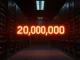 Bitcoin 20 millionth coin milestone achievement with digital counter showing 20 million in mining data center