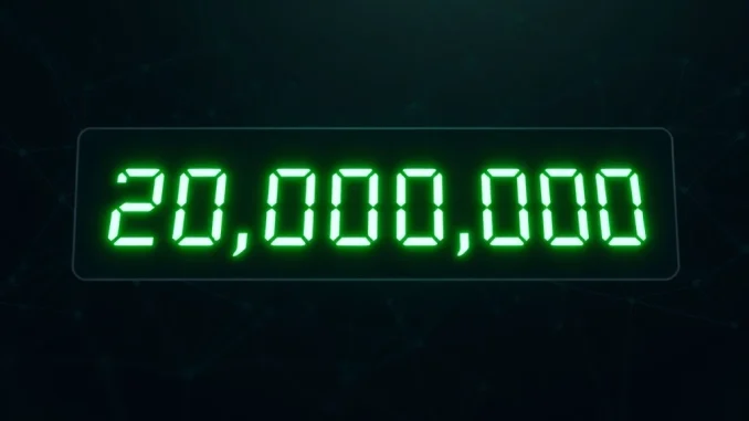 Bitcoin 20 million milestone counter display representing the historic mining achievement and remaining supply