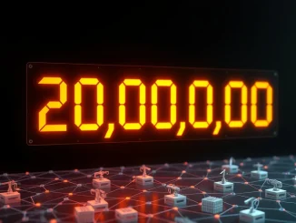 Bitcoin 20 millionth coin milestone digital counter display with blockchain visualization