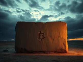 Ancient stone tablet with Bitcoin symbol enduring a storm, representing Bitcoin's resilience amid a 47% price decline.