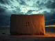 Ancient stone tablet with Bitcoin symbol enduring a storm, representing Bitcoin's resilience amid a 47% price decline.