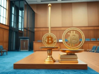Bitcoin regulatory challenge: symbolic scale weighing Bitcoin against traditional banking assets under Basel framework scrutiny