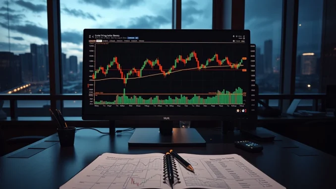 Bitcoin price chart showing tightly compressed Bollinger Bands on a financial analyst's monitor.
