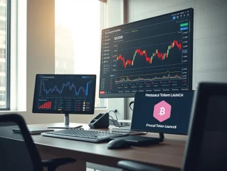 Financial trading desk showing cryptocurrency charts and ETF data on monitors.