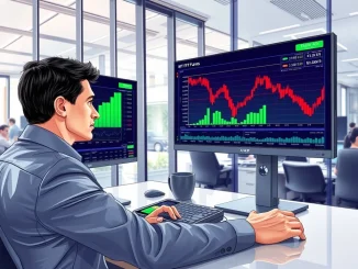 Analyst monitors Bitcoin ETF outflows and XRP inflows on trading desk screens.