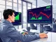 Analyst monitors Bitcoin ETF outflows and XRP inflows on trading desk screens.