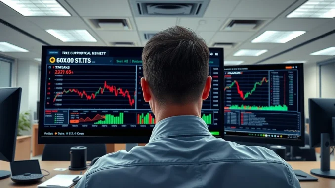 Trader monitoring Bitcoin ETF outflows and geopolitical news on financial screens.