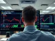Trader monitoring Bitcoin ETF outflows and geopolitical news on financial screens.