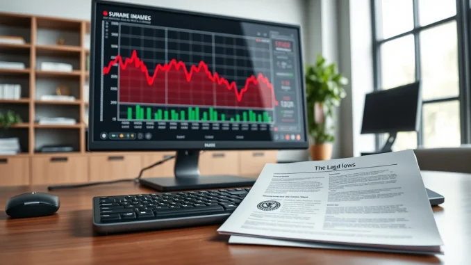 Financial trading desk showing Bitcoin ETF outflows data and legal documents representing crypto market and regulatory news.
