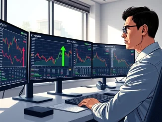 Bitcoin ETF inflows versus altcoin fund outflows on financial trading monitors