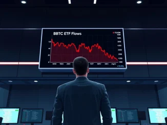 Digital ticker display showing a sharp decline in Bitcoin ETF capital flows on a financial trading floor.