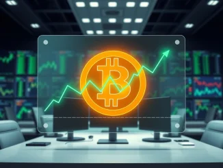 Digital dashboard showing Bitcoin ETF inflow data with upward-trending green charts on trading desk monitor