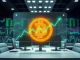 Digital dashboard showing Bitcoin ETF inflow data with upward-trending green charts on trading desk monitor