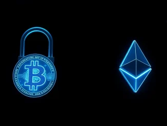 Comparison of Bitcoin and Ethereum quantum security represented by digital locks in a cybersecurity context.