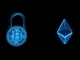 Comparison of Bitcoin and Ethereum quantum security represented by digital locks in a cybersecurity context.