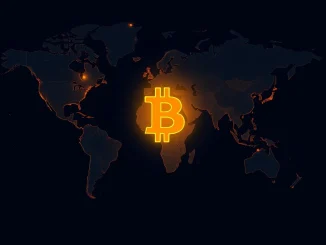 Bitcoin exchange flows remain stable despite global conflicts, visualized as capital flows on a world map.