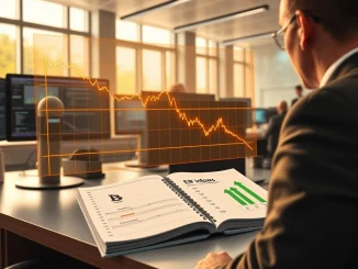 Bitcoin price chart and ETF inflow ledger on a trading desk, illustrating negative funding rates and institutional demand.