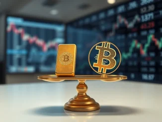 Symbolic scales balancing gold bullion against a digital Bitcoin token, representing the shifting capital flows between traditional and digital asset ETFs in early 2026.