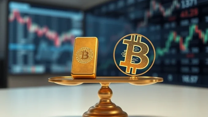 Symbolic scales balancing gold bullion against a digital Bitcoin token, representing the shifting capital flows between traditional and digital asset ETFs in early 2026.