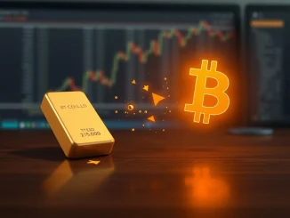 Financial analyst comparing Bitcoin and gold ETF performance data on trading desk