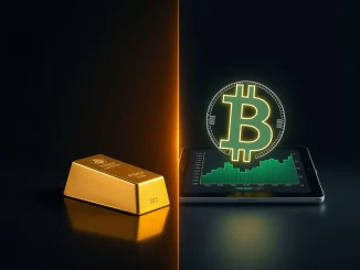 Symbolic capital rotation from gold bars to Bitcoin logo representing ETF flow shift