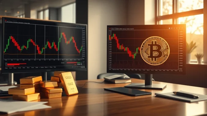 Gold bars and Bitcoin price chart comparison on a financial desk.
