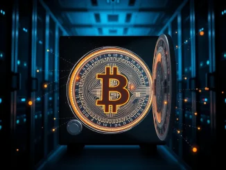 Digital vault protecting Bitcoin from quantum attack particles in futuristic server room