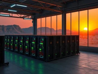 Bitcoin mining facility in Iran showing ASIC miners with LED lights in industrial setting during sunset