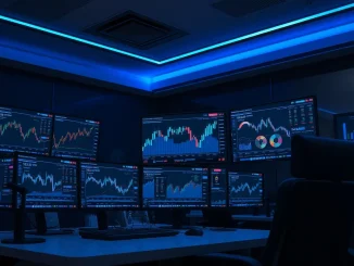 Analyst monitors cryptocurrency and AI project dashboards on trading desk screens.