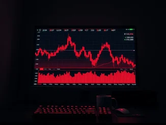 Bitcoin liquidation event shown on trading dashboard with red candlestick charts indicating market volatility.