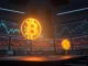 Bitcoin and Dogecoin cryptocurrency market analysis with AI data streams in background