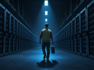 Bitcoin miner exodus depicted in a photorealistic data center scene with a technician leaving inactive mining rigs.