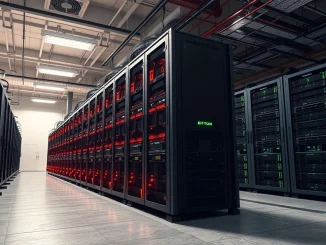 Bitcoin mining hardware in a data center during industry profitability pressure.