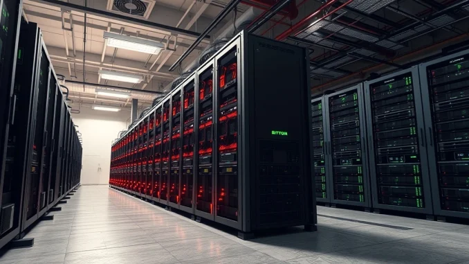 Bitcoin mining hardware in a data center during industry profitability pressure.