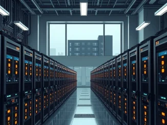 Industrial Bitcoin mining data center with rows of ASIC rigs, representing the network's computational power and miner pressure.